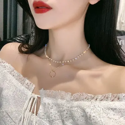 Picture of Fashion Beaded Pearl Necklace For Women Kpop Crystal Pendant Charm Pearls Choker Bead Necklaces Jewelry