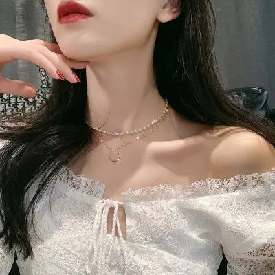 Picture of Fashion Beaded Pearl Necklace For Women Kpop Crystal Pendant Charm Pearls Choker Bead Necklaces Jewelry