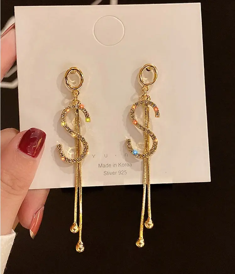 Picture of Korean Trendy Simple Letter Shiny Crystal  Pendant Earrings for Women Fashionable Statement Dangle Earrings  Jewelry Gift