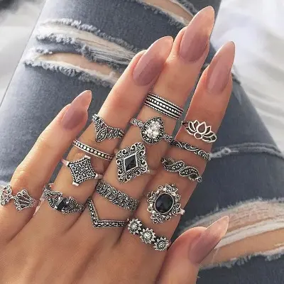 Picture of 15 Piece/Set Bohemian Retro Crystal Flower Leaves Leaves Blank Padma Gem Silver Ring