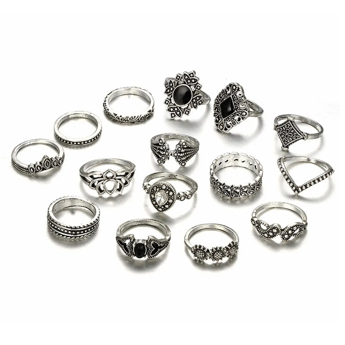 Picture of 15 Piece/Set Bohemian Retro Crystal Flower Leaves Leaves Blank Padma Gem Silver Ring