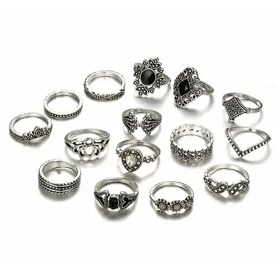 Picture of 15 Piece/Set Bohemian Retro Crystal Flower Leaves Leaves Blank Padma Gem Silver Ring