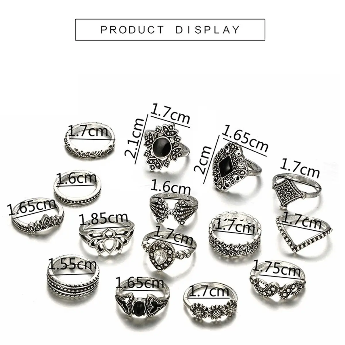 Picture of 15 Piece/Set Bohemian Retro Crystal Flower Leaves Leaves Blank Padma Gem Silver Ring