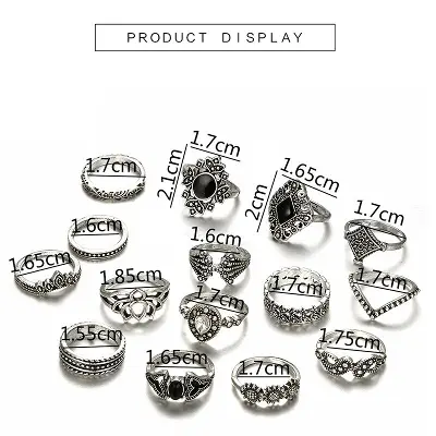 Picture of 15 Piece/Set Bohemian Retro Crystal Flower Leaves Leaves Blank Padma Gem Silver Ring