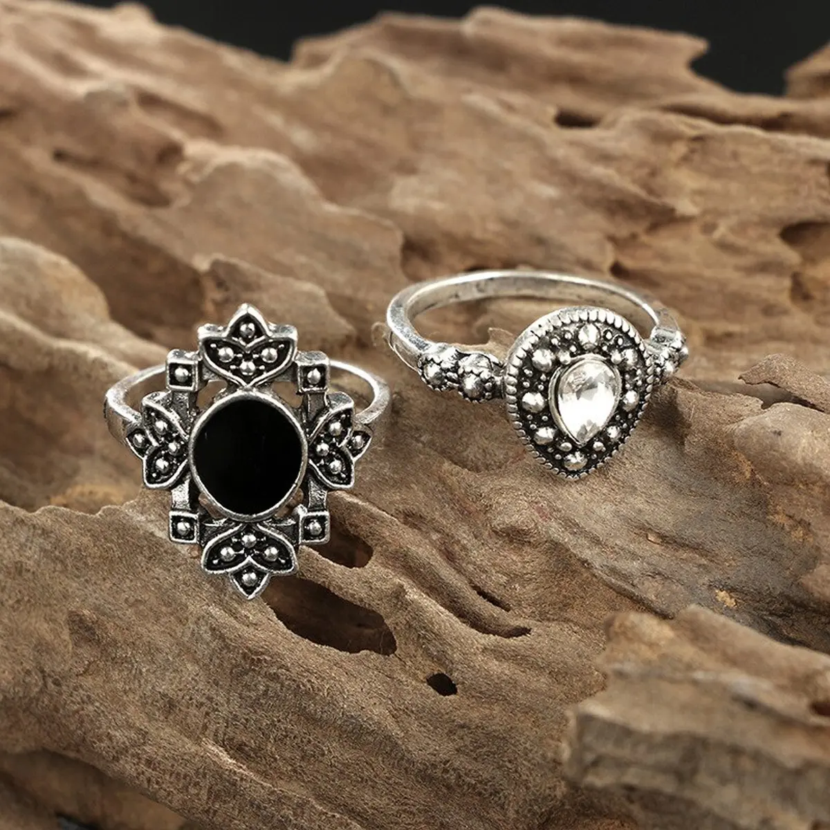Picture of 15 Piece/Set Bohemian Retro Crystal Flower Leaves Leaves Blank Padma Gem Silver Ring