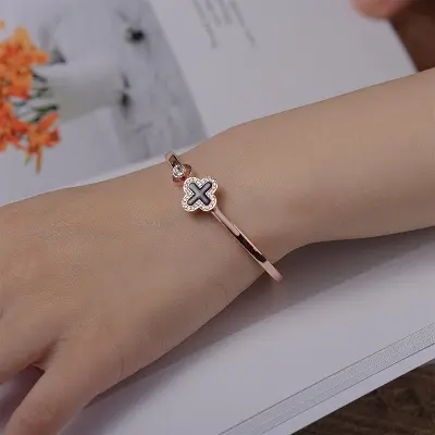 Picture of Metal Titanium Steel Bangle Rose Leaf Clover Charm Opened Cuff Bangle Bracelet for birthday gift