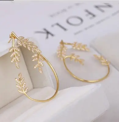 Picture of 1 pair color lasting Luxury Temperament Earrings for Women Needle Olive Branch Leaf Two Ways To Wear Ear Cuffs Stud Earrings Bridal Wedding Jewelry
