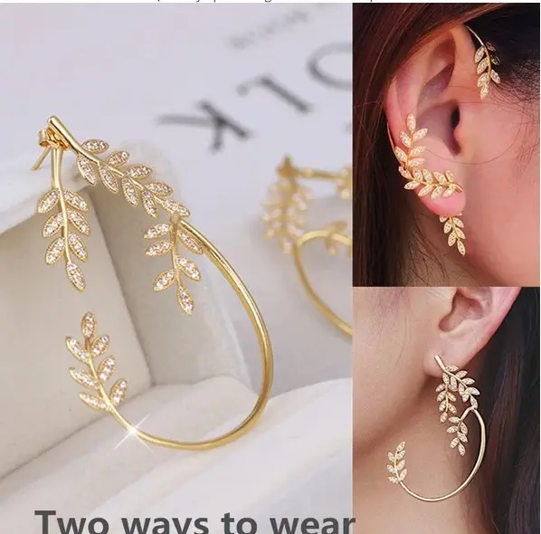 Picture of 1 pair color lasting Luxury Temperament Earrings for Women Needle Olive Branch Leaf Two Ways To Wear Ear Cuffs Stud Earrings Bridal Wedding Jewelry
