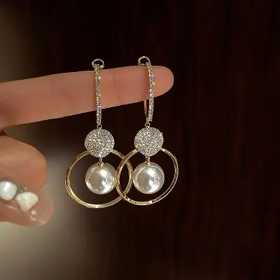 Picture of Fashion Oversized White Pearl Drop Earrings For Women Bohemian Golden Round Zircon Wedding Party Earrings Jewelry Accessories