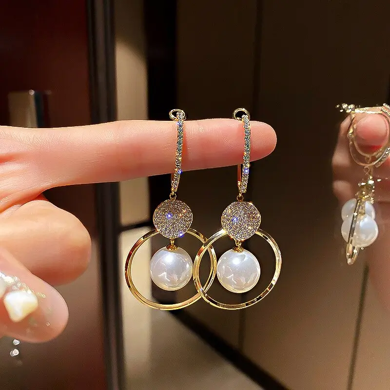 Picture of Fashion Oversized White Pearl Drop Earrings For Women Bohemian Golden Round Zircon Wedding Party Earrings Jewelry Accessories
