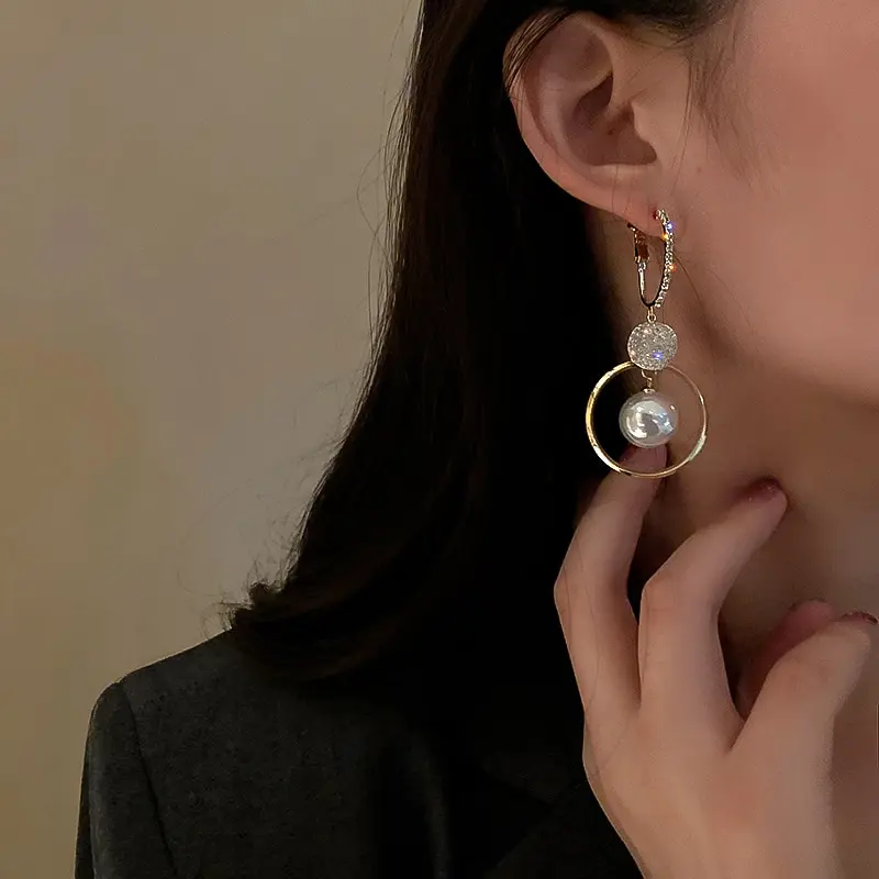 Picture of Fashion Oversized White Pearl Drop Earrings For Women Bohemian Golden Round Zircon Wedding Party Earrings Jewelry Accessories