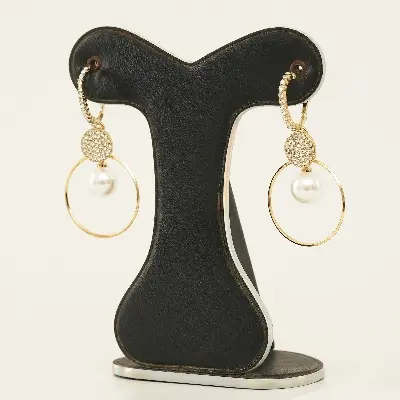 Picture of Fashion Oversized White Pearl Drop Earrings For Women Bohemian Golden Round Zircon Wedding Party Earrings Jewelry Accessories