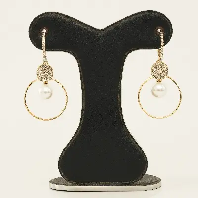 Picture of Fashion Oversized White Pearl Drop Earrings For Women Bohemian Golden Round Zircon Wedding Party Earrings Jewelry Accessories