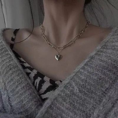 Picture of Pearl Love Heart Necklace for Women Bohemia Simple Double Layer Clavicle Chain Necklaces