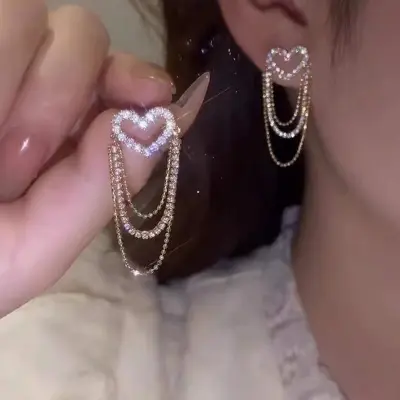 Picture of Korea Cute Shiny Zircone Hollow Heart Long Tassel Earrings for Women Girls Luxury Crystal Stud Earrings Jewelry Gifts - Kaner Dul
