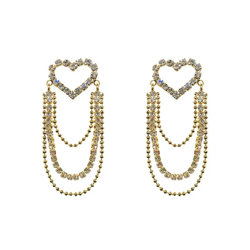 Picture of Korea Cute Shiny Zircone Hollow Heart Long Tassel Earrings for Women Girls Luxury Crystal Stud Earrings Jewelry Gifts - Kaner Dul