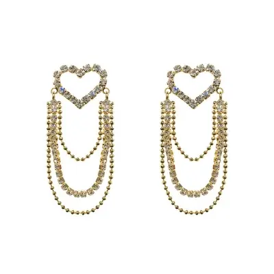Picture of Korea Cute Shiny Zircone Hollow Heart Long Tassel Earrings for Women Girls Luxury Crystal Stud Earrings Jewelry Gifts - Kaner Dul