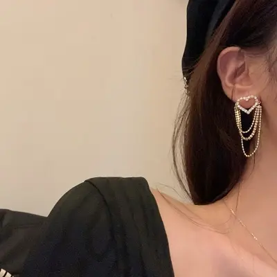 Picture of Korea Cute Shiny Zircone Hollow Heart Long Tassel Earrings for Women Girls Luxury Crystal Stud Earrings Jewelry Gifts - Kaner Dul