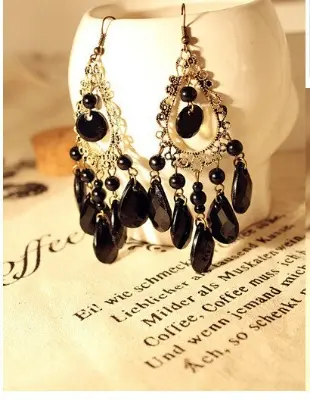 Picture of Retro Fashion Hollow Tassel Earrings Boho Long Big Hanging Luxury Vintage Big Black Water Drop Earring With Stone For Women - Ear Ring - কানের দুল - Earrings For Girls