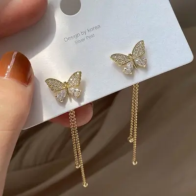 Picture of Fashion Butterfly Tassel Drop Earrings For Women Trendy Shiny Moon Star Pearls Dangle Earrings