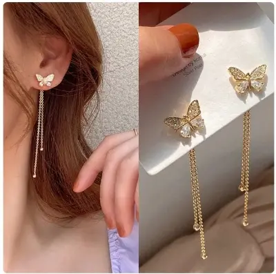 Picture of Fashion Butterfly Tassel Drop Earrings For Women Trendy Shiny Moon Star Pearls Dangle Earrings