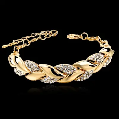 Picture of Bohemian Style Women Girls Bracelet Rhinestone Leaves Chain Bangle Luxury Wedding Jewelry