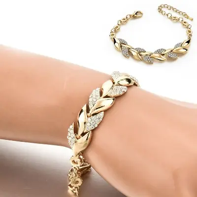 Picture of Bohemian Style Women Girls Bracelet Rhinestone Leaves Chain Bangle Luxury Wedding Jewelry