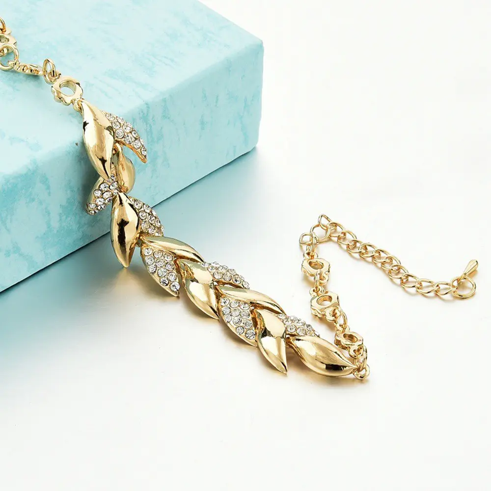 Picture of Bohemian Style Women Girls Bracelet Rhinestone Leaves Chain Bangle Luxury Wedding Jewelry