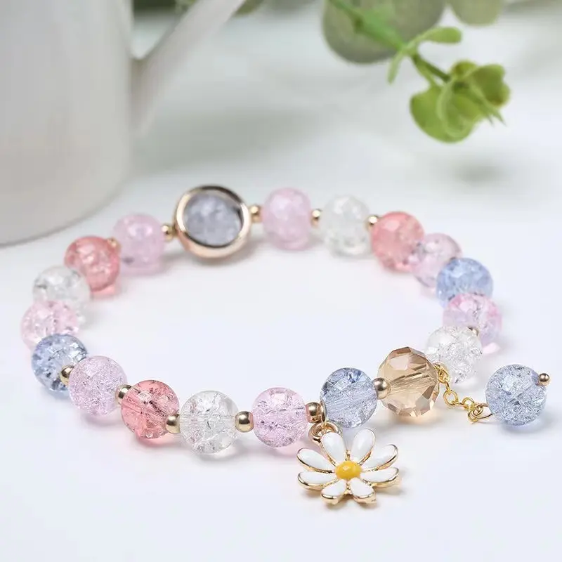 Picture of New Korean Flowers Daisy Bracelets For Women Bohemian Colorful Crystal Beaded Bracelet Handmade Elastic Rope Women Jewelry