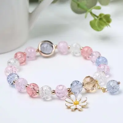 Picture of New Korean Flowers Daisy Bracelets For Women Bohemian Colorful Crystal Beaded Bracelet Handmade Elastic Rope Women Jewelry