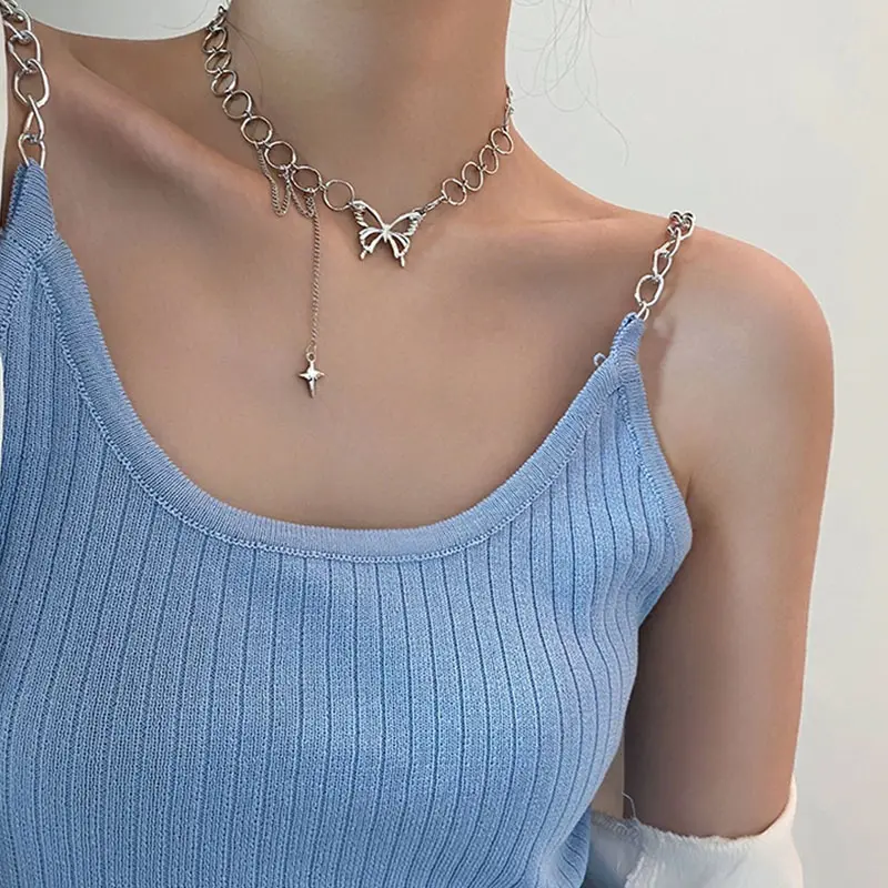 Picture of Butterfly Choker Necklace Women Fashion Stainless Steel Chain Star necklace for party