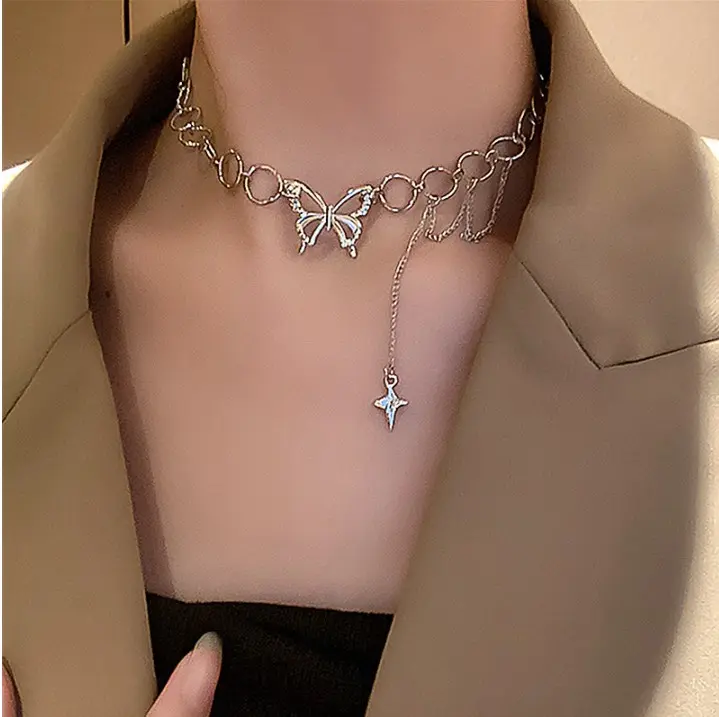 Picture of Butterfly Choker Necklace Women Fashion Stainless Steel Chain Star necklace for party