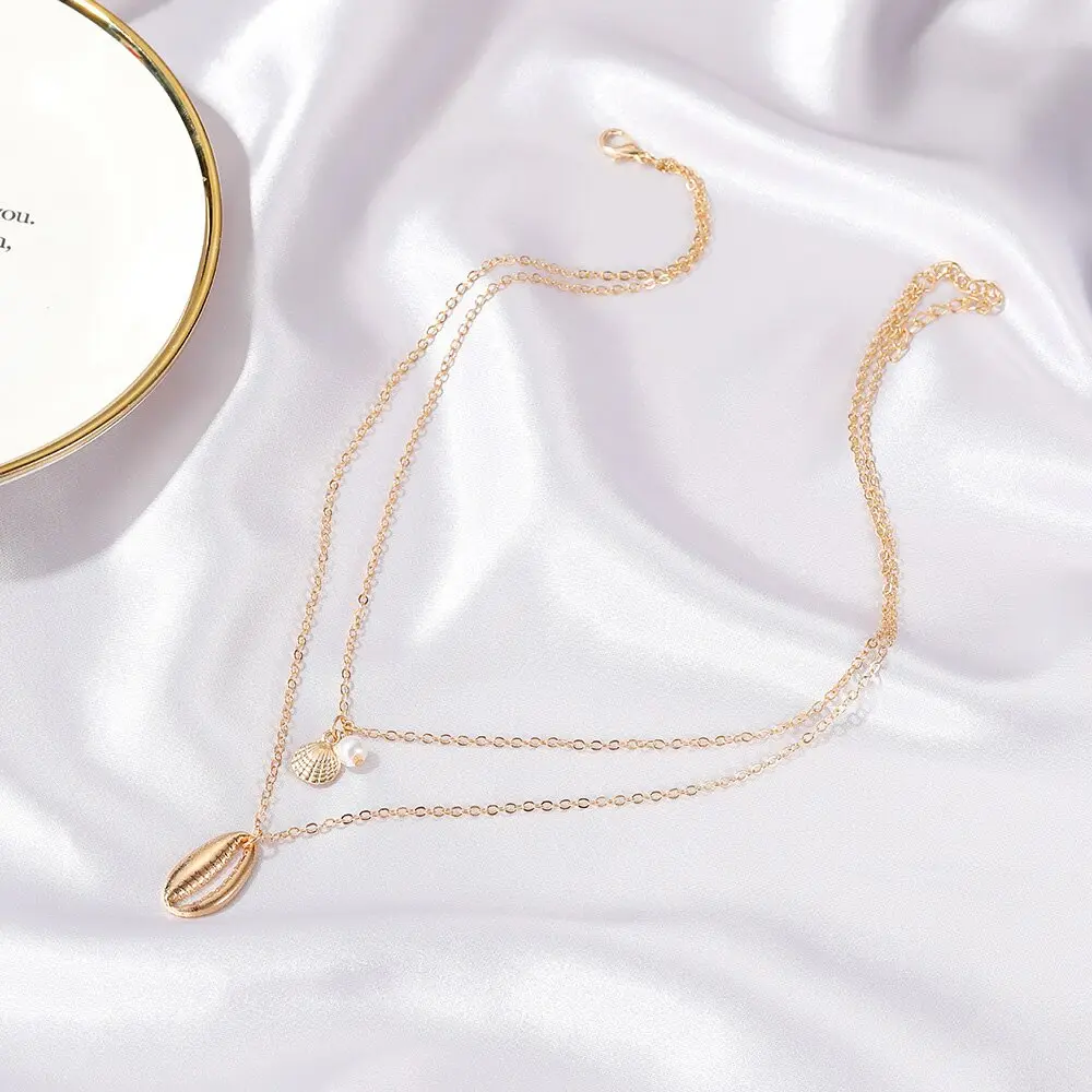 Picture of Bohemian Sea Shell Pendant Chokers Necklaces Multi Layer Cowrie Shell Choker Necklace Dainty Chain Jewelry
