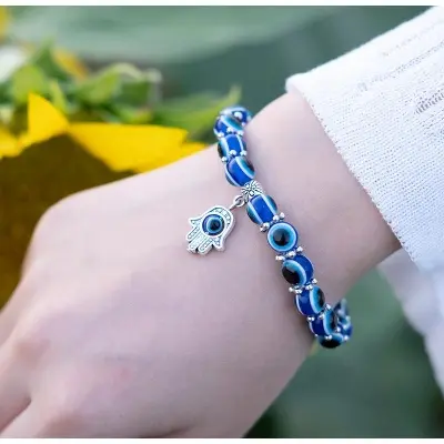 Picture of Bracelet For Women Men Turkish Palm Pendant Eyes Beads Handmade Lucky Bracelet Elastic Adjustable Charm Bracelet