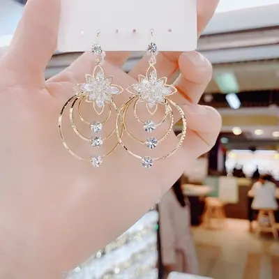 Picture of 2022 New Fashion Fine Crystal Flowers Drop Earrings Joker Multilayer Geometric Circular Atmosphere Women Dangle Earrings - Ear Ring