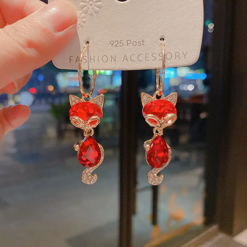 Picture of New Women's Fashion Jewelry High Quality red Crystal Fox Long Tassel New year Earrings Cute Little Animal Fox earrings
