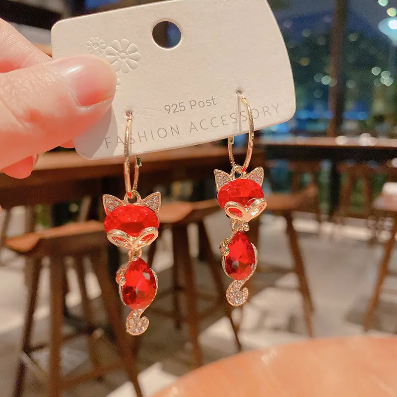 Picture of New Women's Fashion Jewelry High Quality red Crystal Fox Long Tassel New year Earrings Cute Little Animal Fox earrings