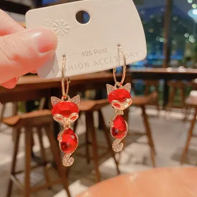 Picture of New Women's Fashion Jewelry High Quality red Crystal Fox Long Tassel New year Earrings Cute Little Animal Fox earrings