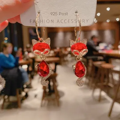 Picture of New Women's Fashion Jewelry High Quality red Crystal Fox Long Tassel New year Earrings Cute Little Animal Fox earrings