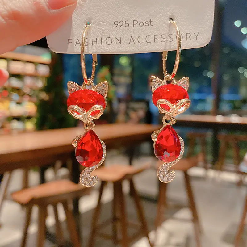 Picture of New Women's Fashion Jewelry High Quality red Crystal Fox Long Tassel New year Earrings Cute Little Animal Fox earrings