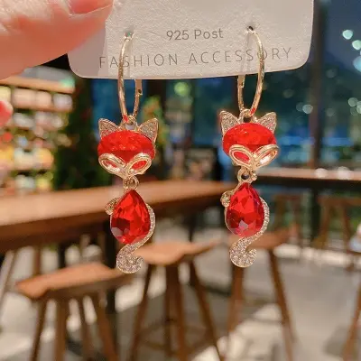 Picture of New Women's Fashion Jewelry High Quality red Crystal Fox Long Tassel New year Earrings Cute Little Animal Fox earrings