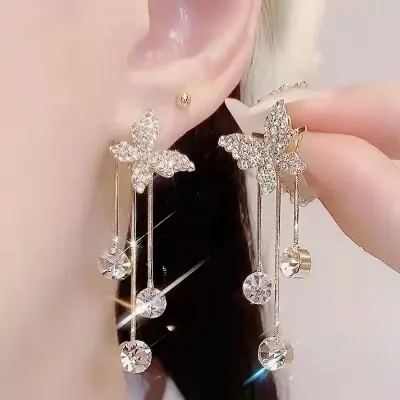 Picture of Ladies Long Tassel Earrings Korean Butterfly Rhinestone Pendant Earrings Elegant Geometric Pendant Earrings Jewelry 2021 Trend - Ear Ring
