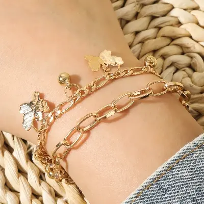 Picture of Butterfly Bracelet Woman Layered Girl Bracelets Tassel Fashion Clavicle Chain Lady Party Gold Color European Zinc Alloy Collare