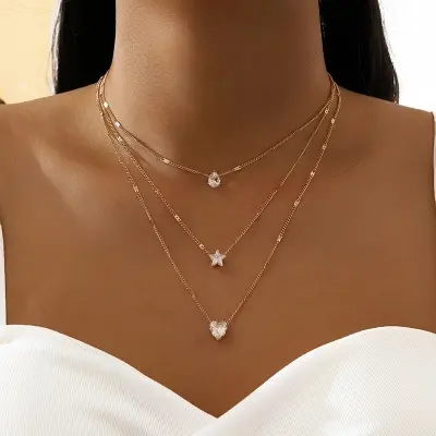 Picture of Bohemian Long Pendant Necklaces Lady Vintage Simple Multi-Layer Pentagram Love Water Necklace Statement Jewelry For Women Gift