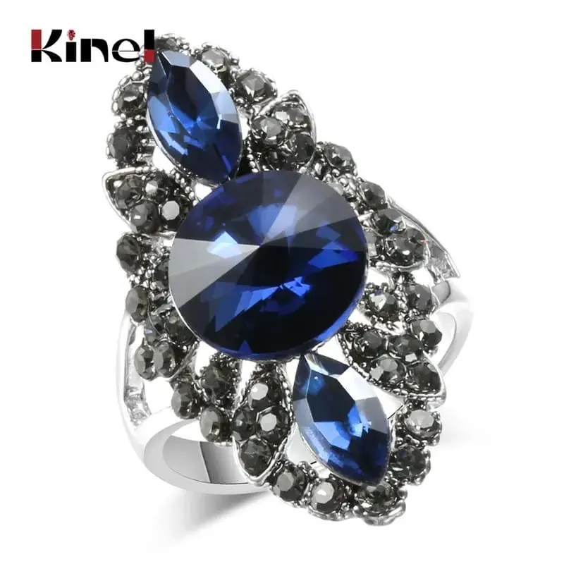 Picture of Vintage Women Fashion Jewelry Blue Rhinestone Engagement Wedding Ring Cocktail Dinner Luxury Jewelry