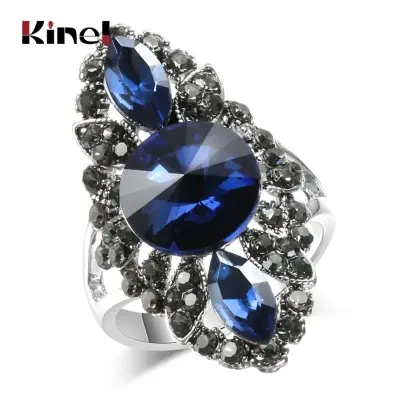 Picture of Vintage Women Fashion Jewelry Blue Rhinestone Engagement Wedding Ring Cocktail Dinner Luxury Jewelry