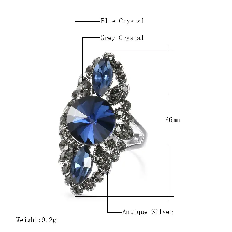 Picture of Vintage Women Fashion Jewelry Blue Rhinestone Engagement Wedding Ring Cocktail Dinner Luxury Jewelry