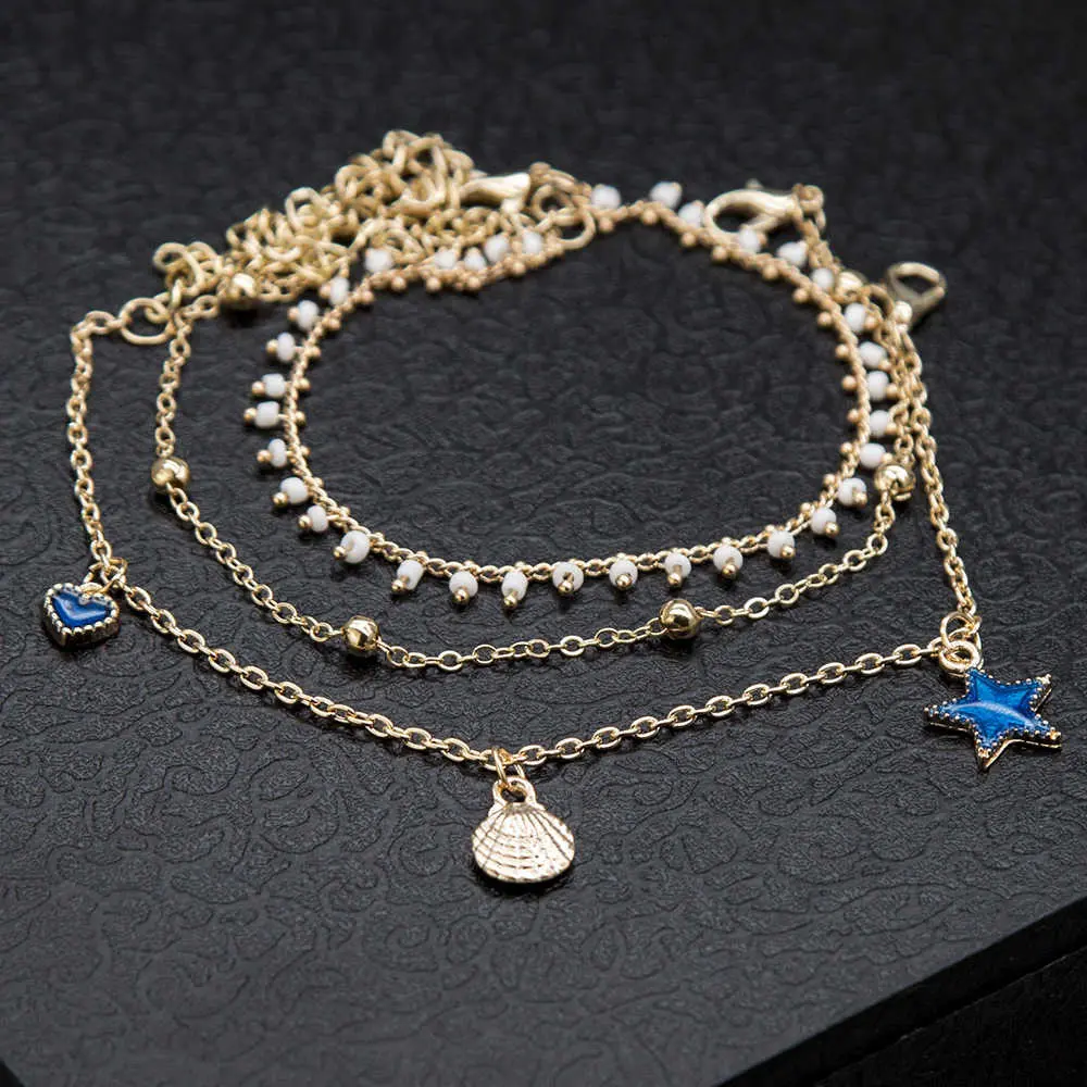 Picture of Bohemian Anklets  For Women Tassel Pentagram Dangle  Foot Jewelry Leg Chain Barefoot Sandals Beach Accessories