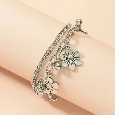 Picture of Flower Bracelet Anklet Woman Layered Bracelets Ladies Round Hollow Fashion Simplicity Chain Punk Silver Color Zinc Alloy Brincos