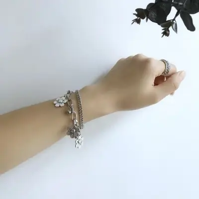 Picture of Flower Bracelet Anklet Woman Layered Bracelets Ladies Round Hollow Fashion Simplicity Chain Punk Silver Color Zinc Alloy Brincos